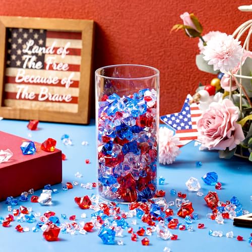 Syhood 570 Pcs 5 Sizes Red Blue and Clear Independence Day Fake Crushed Ice Rocks Patriotic Acrylic Diamond Plastic Gemstone Treasure Crystal Gem for Vase Fillers Table Centerpieces Memorial Day Decor - color: Red, Blue and Clear