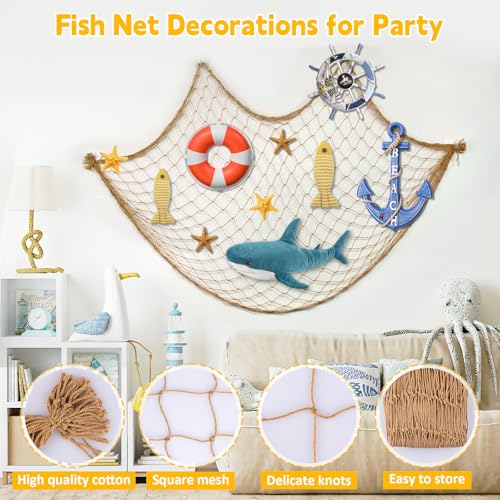 2 Pcs Fish Net Decorations, 39x78 Inch Cotton Nautical Themed Fishing Net, Wall Hanging Photo Display Fishnet for Coastal Bedroom Bathroom, Pirate Hawaiian Beach Under The Sea Party Decor,Linen Color - color: Linen