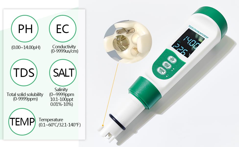 Aquarium Salt Tester - Pool Test Strips, Digital PH Meter for Water, Aquarium Monitoring Tool, Pond Checker, Fish Tank Water Analyzer, 5-in-1 Salinity, PH, TDS, EC, and Temperature Meter