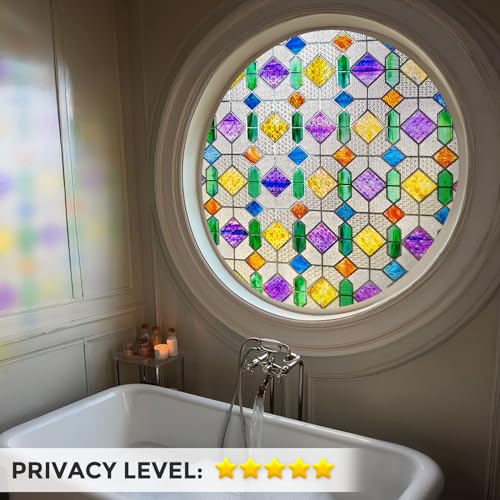 Coavas Stained Glass Window Privacy Film : Upgrade 3D Decorative Rainbow Window Clings Sun UV Blocking Bathroom Frosted Decals