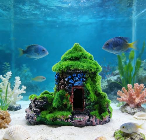 M2cbridge Aquarium Decorations Fish Hideout House Betta Cave with Green Lifelike Moss (Style 1) - style: Style 1