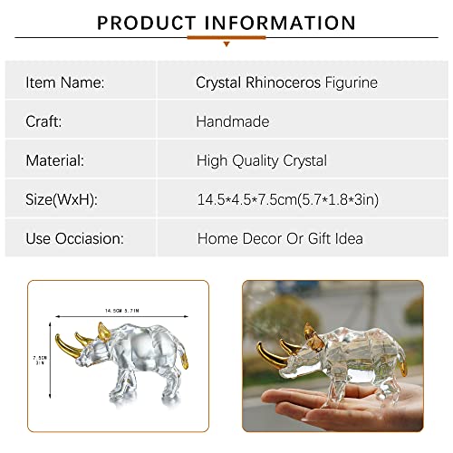 YU FENG 6'' Blown Glass Rhinoceros Animal Figurines Collectibles Crystal Art Rhino Wildlife Paperweight (Clear and Golden) - style: Rhino