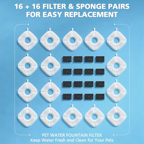 32 Pcs Cat Water Fountain Filters for Veken 95oz/2.8L, 67oz, 135oz Dog Water Fountain Automatic Pet Fountain Dog Water Dispenser 16Pcs Pet Fountain Filter Replacement & 16Pcs Pre-Filter Sponges