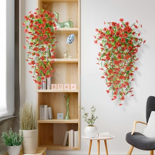 ZFProcess Artificial Hanging Flowers Plants for Outdoor Spring Summer Decoration, 2PCS Faux Silk Daisy UV Resistant Look Real for Outside Home Indoor Planter Porch Garden Yard Decor(Red) - color: A Red