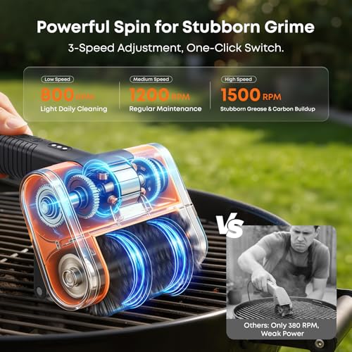 Electric Grill Brush - 1500RPM 3 Speeds, Cordless BBQ Cleaner with LED Light, 4000mAh Rechargeable BBQ Grill Brush for Outdoor Stainless Steel Cast Iron Grates