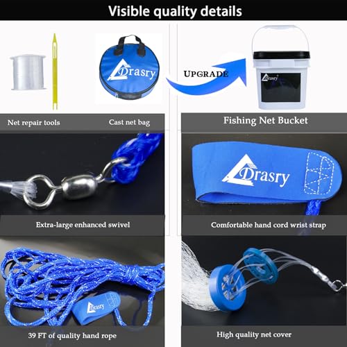Drasry Saltwater Fishing Cast Net for Bait 3/8 1/4 or 1/2 with Heavy Sinkers Fish Trap Throw Net. Size 3ft/4ft/5ft/6ft/7ft/8ft/9ft/10ft Radius Freshwater Nets - size: 6FT (180cm) Radius, style: Lead Sinkers-3/8mesh-0.3mm Mono
