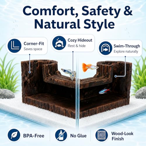 Aquarium Corner Hide Cave – Safe Resin Fish Shelter for Stress Reduction, BPA-Free Tank Decoration, 5.1”x2.7”x1.7” Ideal for Betta, Shrimp & Small Tropical Fish