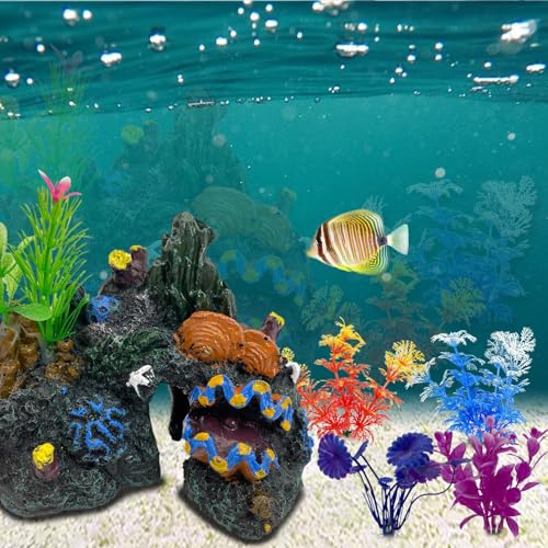 PINVNBY Aquarium Coral Reef Decor Resin Fish Tank Decorations Rock Mountain Cave Ornaments for Goldfish Betta Fish Sleep Rest Hide Play Breed with 4 PCS Aquatic Plants (Small Size) - size: M-4 PCS water plants