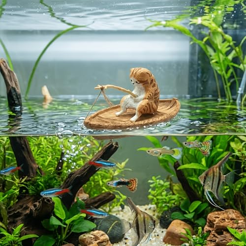 Cat Aquarium Decoration Resin Fish Tank Ornament Ocean Theme Mini Landscape Decor Cute Fishing Scene Tank Accessory for Aquariums Home Desktop Decoration(Boat Not Including)