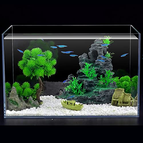Aquarium Decoration Large and Tall for Fish Tank Rock Thematic Ornaments Aquarium Mountain View Stone Ornaments Aquarium Decor Tree House Cave Fish Tank Decorations - Large - color: Mountain View [ Tree ]
