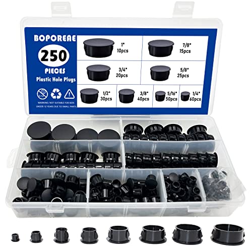 250 PCS 8 Sizes Nylon Plastic Hole Plugs Black 1/4, 5/16, 3/8, 1/2, 5/8, 3/4, 7/8, 1 Inch Round Hole, Flush Type Panel Knockout Locking Plugs, Furniture Cabinet Pipe Insert End Covers Caps - size: 8 Sizes, Black((1/4“-1”, 250 PCS)