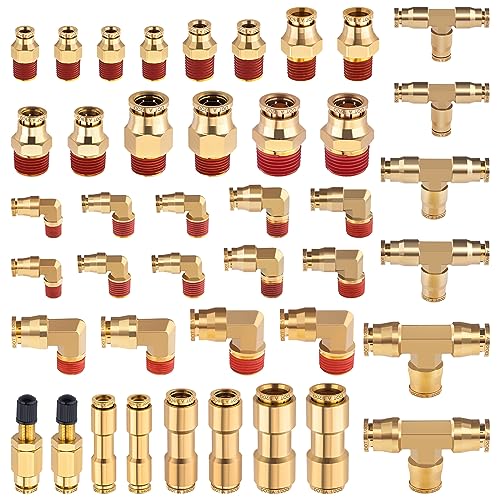 CheeMuii 43 PCS Brass DOT Air Line Fittings 1/4" 3/8" 1/2" DOT Push Lock Air Fittings 100% Brass Quick Connect & NPT Thread Air Hose Fittings Repair Kit for Truck or Industrial Air System