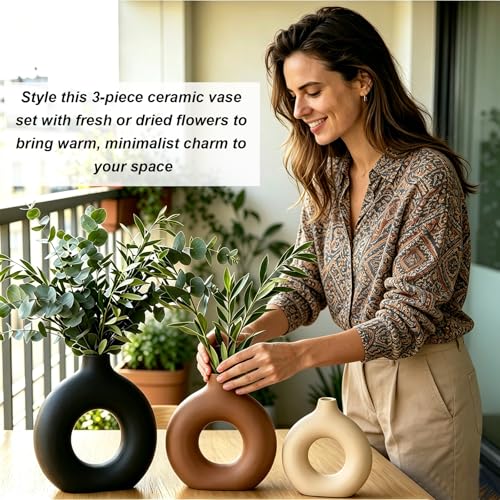 Upgraded Ceramic Vases Set for Home Decor, 3 Piece Modern Neutral Room Decor Desk Vase Bedroom Decor Flower Vase for Table Shelf Office Kitchen, Happy Birthday Gifts for Women Mom Men, Round - color: Round-3pcs