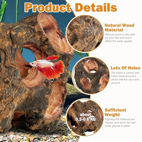 PINVNBY Betta Fish Cave Natural Wood Betta Fish Hideout for Aquarium Fish Tank Decorations Hideout Betta Fish Accessories Habitat Shelter for Crayfish Shrimp and Other Aquatic Pets