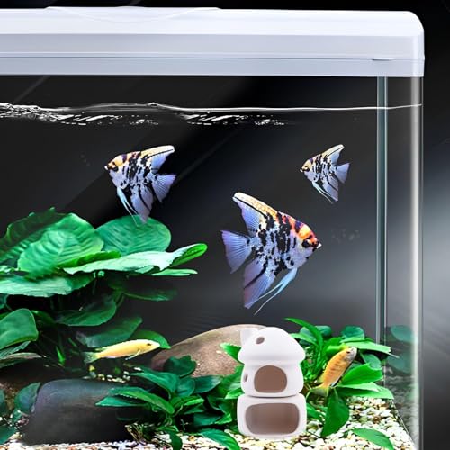 Cute Betta Fish Tank House with Cave Set, Small Mushroom Aquarium Decor Pottery Hide Habitat Hut for Betta Fish Passing or Hiding Safely(White Mushroom + Cave)