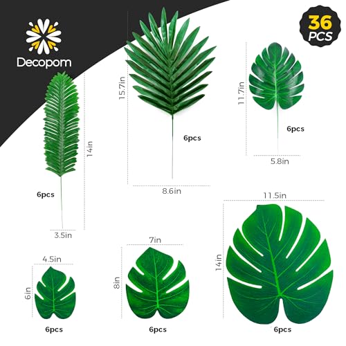Decopom Palm Leaves Artificial Tropical Monstera 36Pack 6 Kinds Large Small Green Fake Palm Leaf with Stems - style: 36 Pack