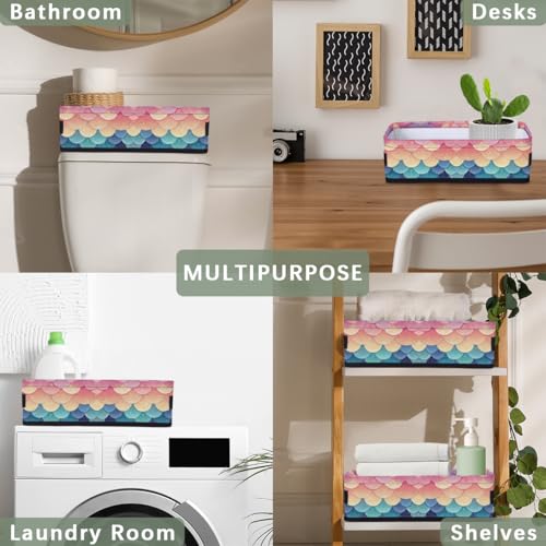 Colorful Fish Scales Toilet Paper Basket Bathroom Countertop Organizer, Decorative Storage Baskets for Towels, Toilet Tanks Tray with handles, Small Storage Basket for Shelves, Bedroom, Table Decor