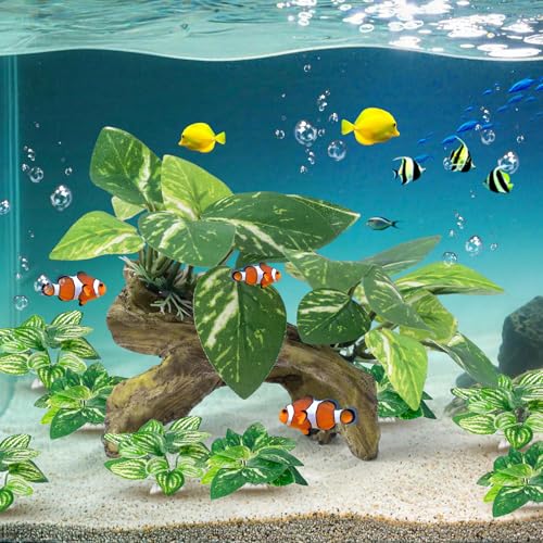 9 Pcs Fish Tank Decor，Silk Aquarium Plants Green Silk Leaf pad Hammock Artifical Driftwood cave Betta Fish Tank Accessories 6 x 3 x 4 inches(LxWxH)