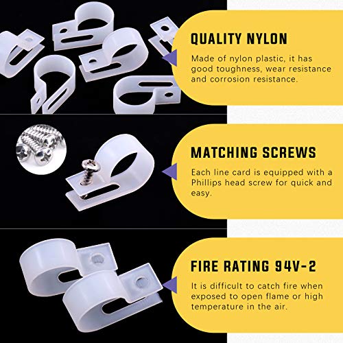 Swpeet 60 Pack White 3/4 Inch Nylon Plastic R-Type Cable Clips Clamp Kit, Nylon Screw Mounting Cord Fastener Clips with 60 Pack Screws for Wire Management (3/4 Inch, White) - color: White, size: 3/4 Inch