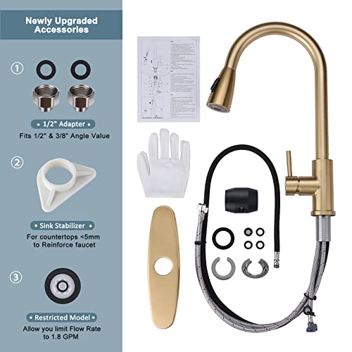 WOWOW Brushed Gold Kitchen Faucet With Sprayer, Stainless Steel High Arc Single Handle Sink Faucet for 1 or 3 Hole, Luxurious Gold Utility RV Kitchen Tap - color: Gold, style: Kitchen Faucet