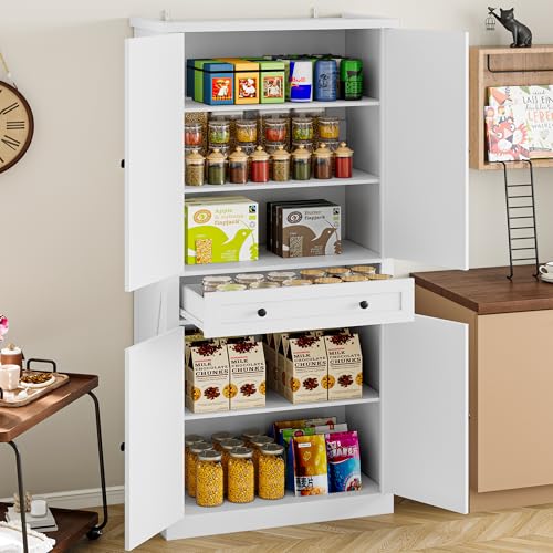 BORNOON Pantry Organizers and Storage Cabinet, 67.7” Barn Door White Kitchen Cabinet with Drawers and Adjustable Shelf, Tall Pantry for Kitchen, Dining Room, Living Room - color: White, size: Single Drawer