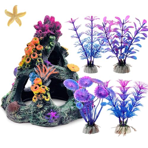 Fish Tank Decoration Set, Aquarium Decor Colorful Coral Mountain x 1pc, Betta Fish Tank Accessories Aquatic Plants x 4pcs，Aquarium Decor Starfish x 1pcs.