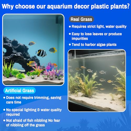 RAINFLOW Artificial Aquarium Plants Decorations - 10Pcs Green & Purple Small Artificial Seaweed Fish Tank Decorations,Aquarium Decor Set,Plastic Plants Betta Fish Tank Accessories