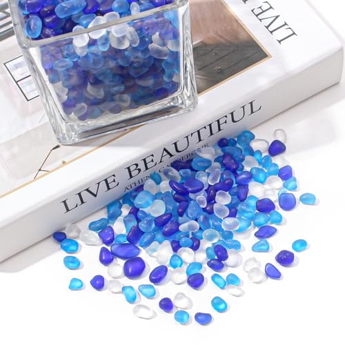 Keedolla 0.5 Lb Colorful Blue Sea Glass Pebbles Aquarium Gravel Fish Tank Rocks Small Frosted Glass Gemstones for Fish Turtle Tank, Vase Fillers, DIY Crafts, Succulent Plants Decor, 6-9mm - color: Clear & Blue Mix, size: 0.5 LB
