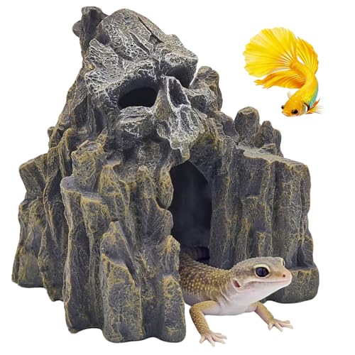Aquarium Decor Skull Mountain Landscape Tank Ornaments for Betta Fish, Goldfish, and Reptiles Lizard Sleep Resting Play Cave