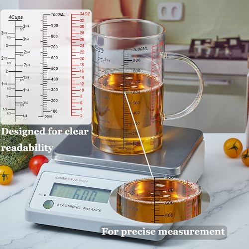 Ackers BORO3.3 Glass Measuring Cup-[Insulated handle | V-Shaped Spout]-Made of High Borosilicate Glass Measuring Cup for Kitchen or Restaurant, Easy to Read, 1000 ML (32 Oz, 4 Cup) - size: 1000ml/32OZ