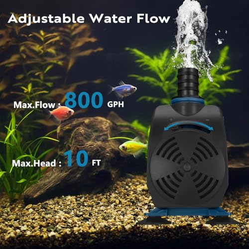 TONGCHANT Submersible Pump, 800GPH & 10ft Lift | 60W Adjustable Flow Fountain Pump for Small Pond Fish Tank & Aquarium, 3 Nozzles(1/2", 5/8" & 3/4"), Fish Safe & Ultra Quiet Operation, ETL Listed - size: 800GPH