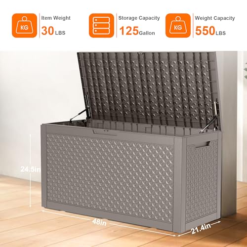 ROJIK Outdoor Storage Housing Deck Box - Waterproof Patio Furniture, Garden Tools, Cushions, Pool Accessories Storage Bench with Lockable Lid and Side Handles (Grey,125 Gal) - color: Grey, size: 125 Gallon