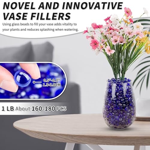 1 LB Blue Flat Glass Beads, 160-180PCS Small Glass Marbles, Mini Flat Round Pebbles for Vase Filler and Floral, Fish Tank Rocks Decorative Gemstones for Home and Aquarium Décor - color: Blue