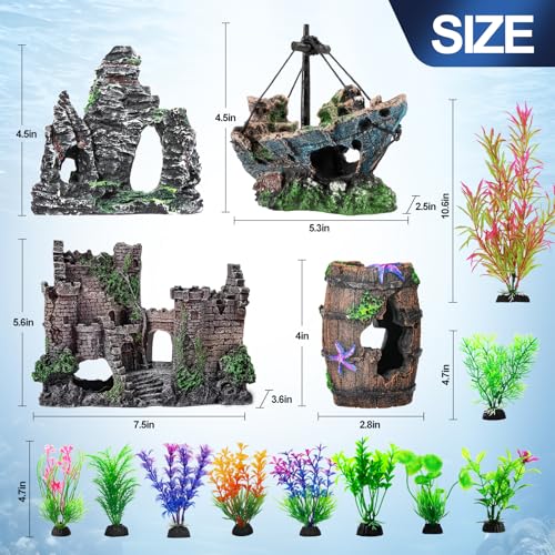 14 Pcs Aquarium Decorations Large Kit，Castle Fish Tank Bubbler Decorations，Starfish Barrel, Resin Cave Rock,Resin Material Sunken Ship,Aquarium Plants Large Fish Bowl Ornaments