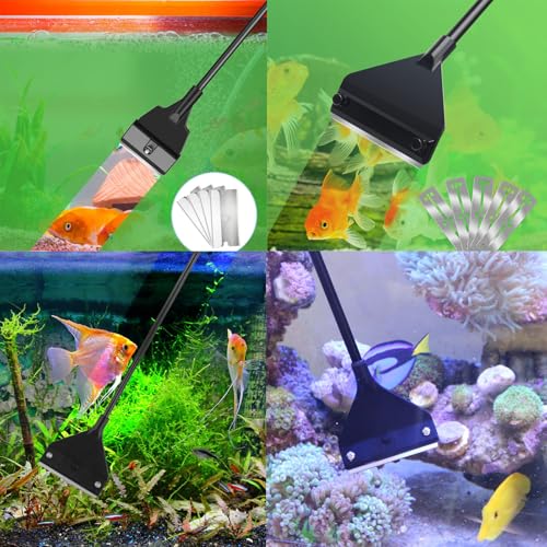 Algae Scraper for Glass Aquariums, Fish Reef Plant Glass Tank Scraper Cleaner,15.7" Handheld Scraper Cleaning Razor, Cleaning Tools Accessories with 10 Replaceable Stainless Steel Blades