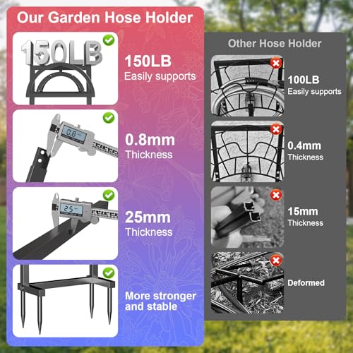 OLV Hose Holder Holds 150-ft Water Pipe, Outdoor Freestanding Heavy Duty Water Hose Holder Reel with 4 Spikes, Detachable Metal Hose Storage Stand Hanger Rack for Outside Yard Lawn Farm, Black