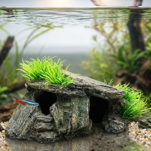 Aquarium Cave & Betta Hideout - Natural Resin Fish Tank Decorations, Small Turtle Basking Platform, Hand-Polished Smooth Edges, PH Neutral Stone Decor for Shrimp, Cichlid, and Reptiles (Small) - color: S-Dock with Green, size: Small