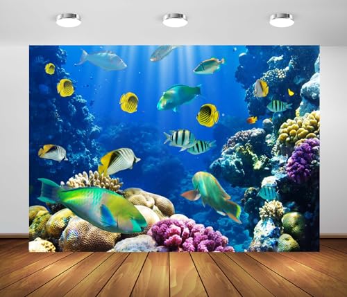 BELECO Fabric 5x4ft Underwater World Backdrop Under The Sea Tropical Fish Coral Reef Blue Deep Sea Aquarium Background Undersea Party Decorations Banner Birthday Photoshoot Studio Props