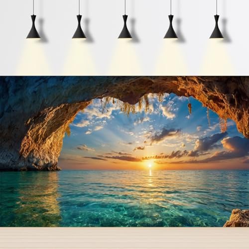 Sea Rock Cave Aquarium Background Sunrise Ocean Beach Seaside Fish Tank Background Tropical Sunset Seashore Cloudy Sky Terrarium Backgrounds Stunning Seascape Reptile Tank Backgrounds 24x12in - color: Aqua_Blue, size: 24(W)x12(H)in