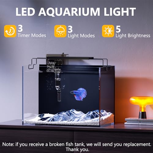5 Gallon Fish Tank Aquarium Kit with HOB Filter, LED Light with Timer, Lid, Siphon Vacuum Cleaner, Self Cleaning Glass Rimless Betta Tank - size: 5 Gallon