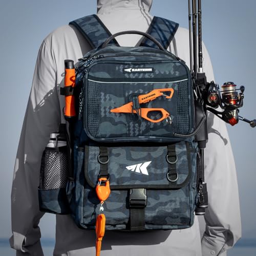 KastKing BaitSpace Fishing Tackle Backpack with Removable Bait Binder,2 Rod Holders Storage Fishing Gear and Equipment - color: C: Blue Camo (With (4) 3600 Tackle Boxes)