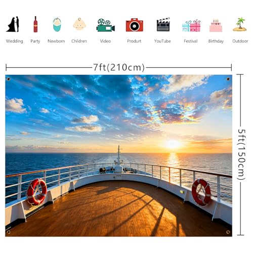 7x5ft Cruise Ship Backdrop Cruise Deck Ocean Sunset Scenery Photography Background Nautical Theme Cruise Party Decorations Banner Portrait Photo Booth Studio Props - size: 7x5ft