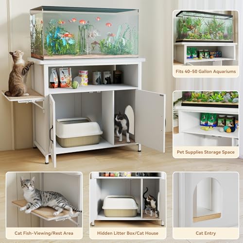 Verano Garden 40-50 Gallon Fish Tank Stand with Hidden Cat Litter Box Enclosure Furniture, Cat Viewing Aquarium Stand with Storage Shelf & Side Cat Perch, 36.2"x20.5" Tabletop, 660 LBS Capacity - color: White