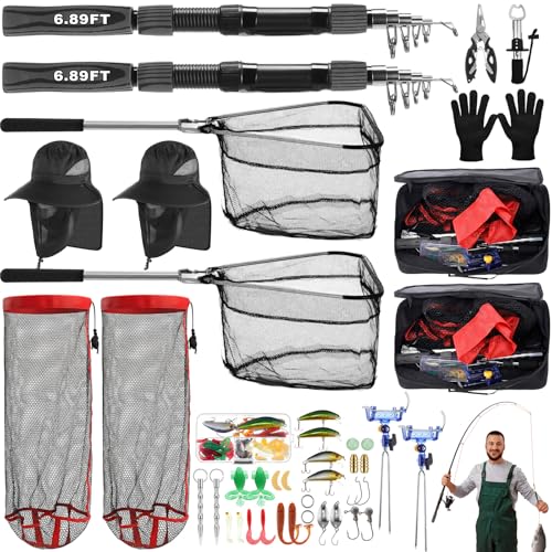 Father's Day Telescopic Fishing Rod Kit, 6.89ft/5.91ft 2 Pcs Collapsible Rod for Him with Landing Net, Tackle Bag, Gloves, Lures, Pliers, Gift for Dad for Saltwater Freshwater Fishing - size: 6.89 FT