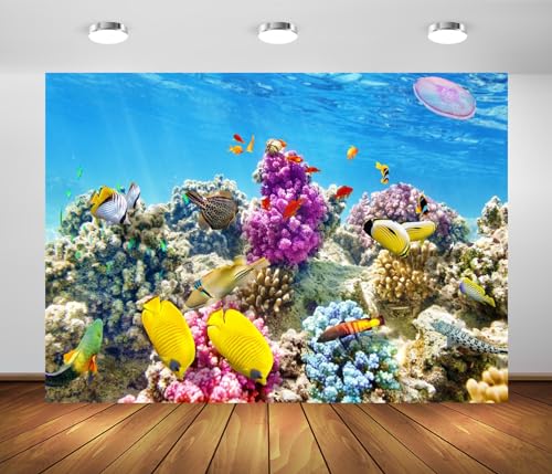 BELECO 8x6ft Fabric Underwater World Backdrop Undersea Tropical Fish Coral Reef Blue Deep Sea Aquarium Background Under The Sea Party Decorations Baby Shower Birthday Shoot Photo Props - size: 8x6FT
