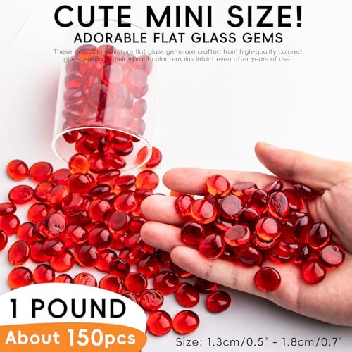 1 LB Red Glass Marbles, Mini Flat Glass Beads~150 PCS for Vase Fillers, Floral Bottom Mancala Gems Pebbles Fish Tank Rocks for Table Aquarium,Home Decor Art Craft Supplies(0.5"~0.7") - color: Red~1 Lb, size: 1 LB