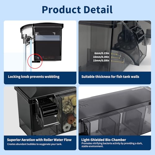 Hang-on-Back Aquarium Filter Box with Reusable Filter Media, Waterfall Oxygenation, Fits High & Low Water Level, for 5-10 Gallon Fish & Turtle Tank (Pump Not Included) - size: M(Without pump)