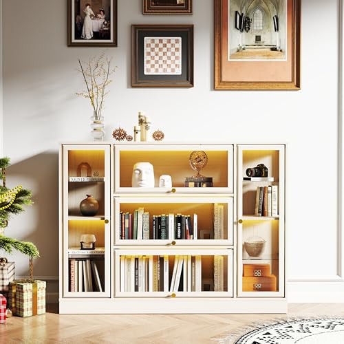 Display Cabinet with Acrylic Glass Doors,Extra Wide Curio Cabinet with LED Lighting for Collectibles, Collectibles Toy Organizers Rack & Display Shelf Display Case, White - color: White, size: 56" W x 42" H