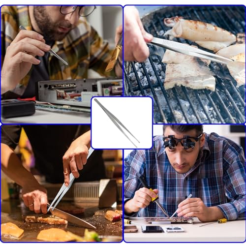 Bonsicoky 3Pcs Stainless Steel Tweezer Set (8" 10" 12"), Long Tweezers with Precision Serrated Straight Tips, Non-slip Multitool Tweezer for Cooking, Repairing, Medical, Garden - size: 8" 10" 12" (1 Set)