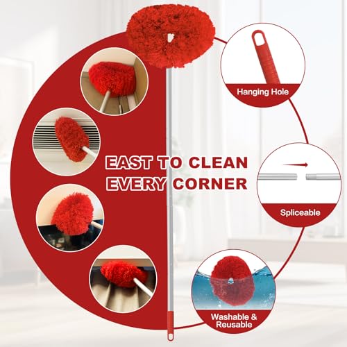 Ceiling Fan Cleaner Duster Reusable Microfiber Ceiling Fan Blade Cleaner Removable Duster with Extension Pole Adjusts 13 to 49.7 Inch for Cleaning Walls Bookshelves Furniture Door Window Top (Red) - color: Red